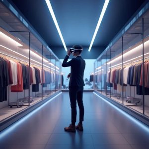 اقا ایستاده وسط راهرو با عینک واقعیت مجازی