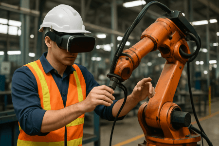 یک کارگر در حال تمرین تعمیرات رباتیک در محیط شبیهسازی شده. تعمیرات رباتیک در محیط شبیهسازی شده.