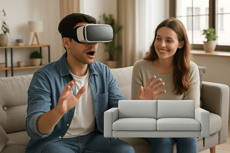 یک زوج در حال مشاهده مجازی یک مبل در اتاق نشیمن خود. مشاهده مجازی یک مبل در اتاق نشیمن