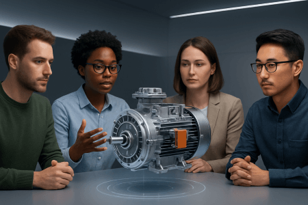 تیم طراحی در حال بررسی یک نمونه اولیه موتور. بررسی نمونه اولیه موتور.