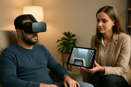 شخصی در حال تست ازبین بردن فو بیا باواقعیت مجازی درمان اختلالات روانی با شبیهسازی کنترلشده