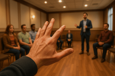 شخصی در حال سخنرانی یا تعامل با جمع است سخنرانی یا تعامل با جمع