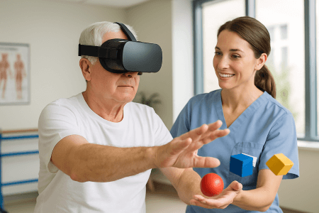 شخصی در حال توانبخشی و بازآموزی حرکتی با کمک واقعیت مجازی توانبخشی و بازآموزی حرکتی