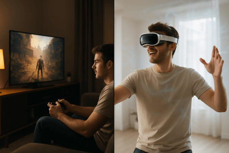 یک شخص که در حال حرکت در فضا و شخص دیگر که روی مبل در حال بازی نشستن روی مبل تا حرکت در فضا